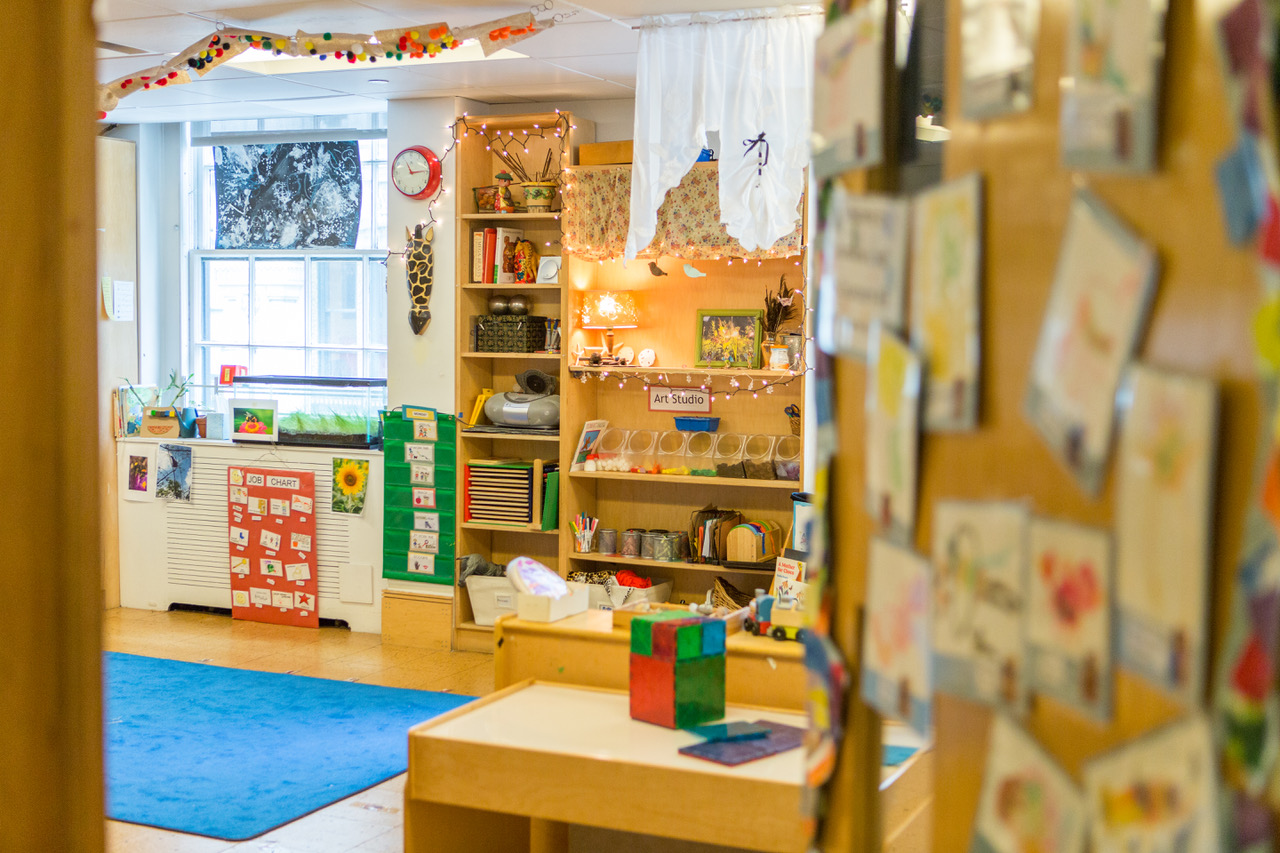 classroom with string lights